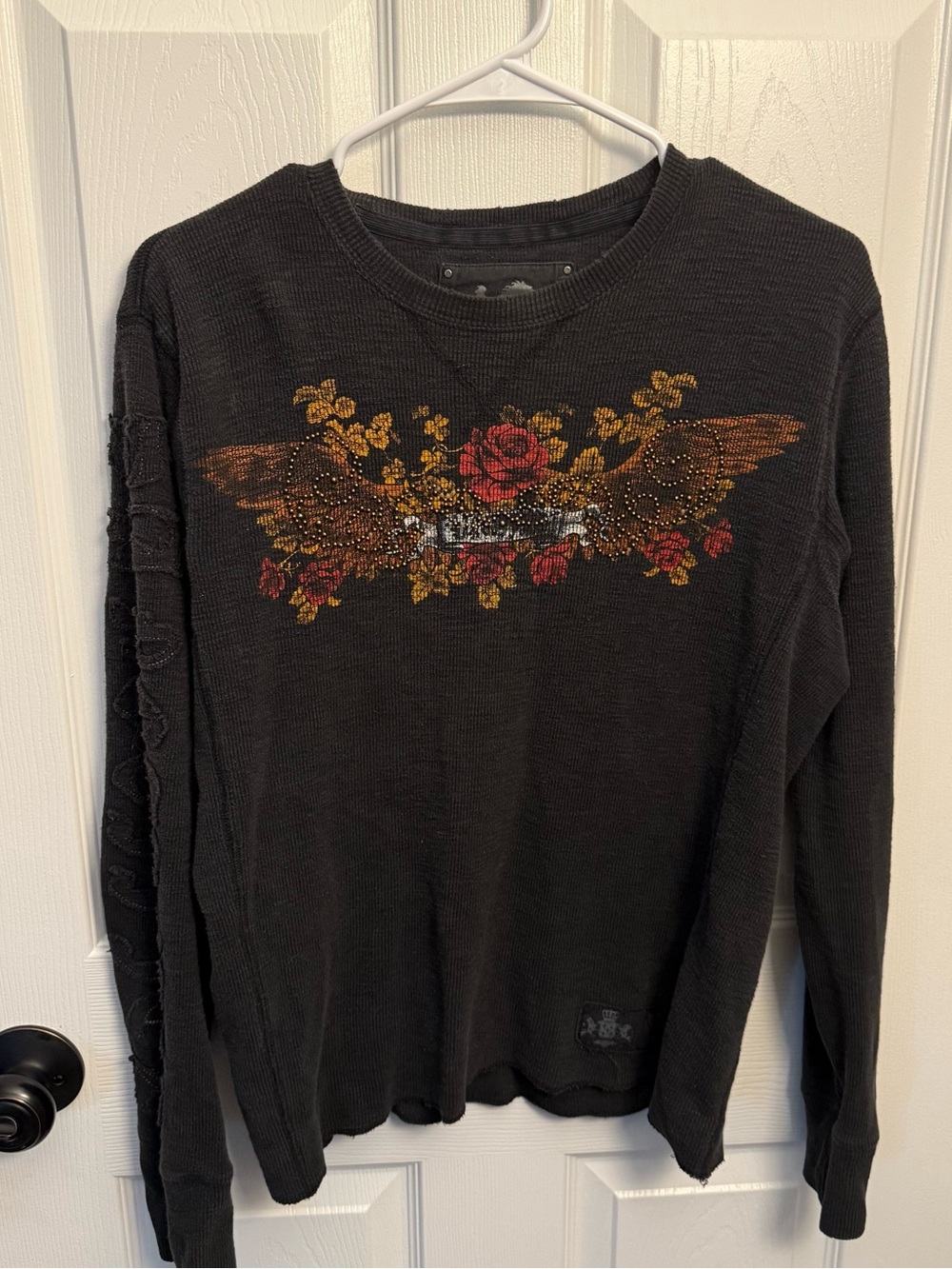 Y2K Express Distressed Thermal Rhinestone Eagle Skull Graphic Long Sleeve Top